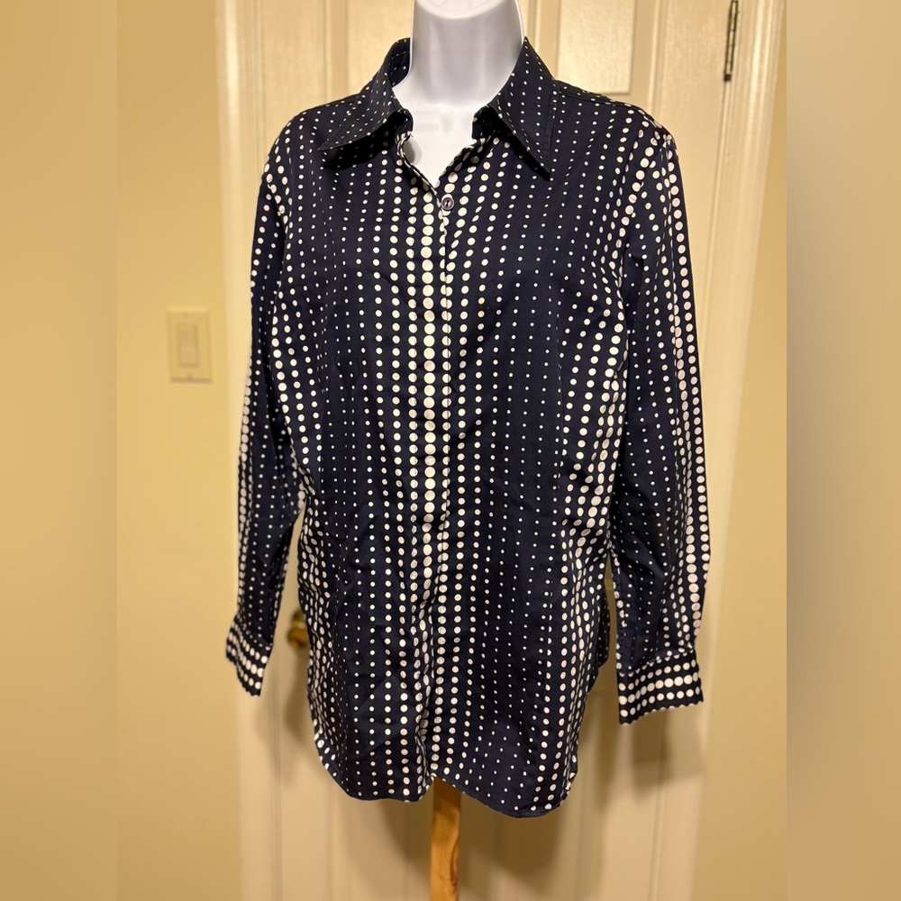 JONES NEW YORK Navy and White Dot Button-Down Shirt, Size: 1X